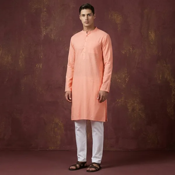 Peach_Cotton_Slub_Solid_Kurta_For_Men