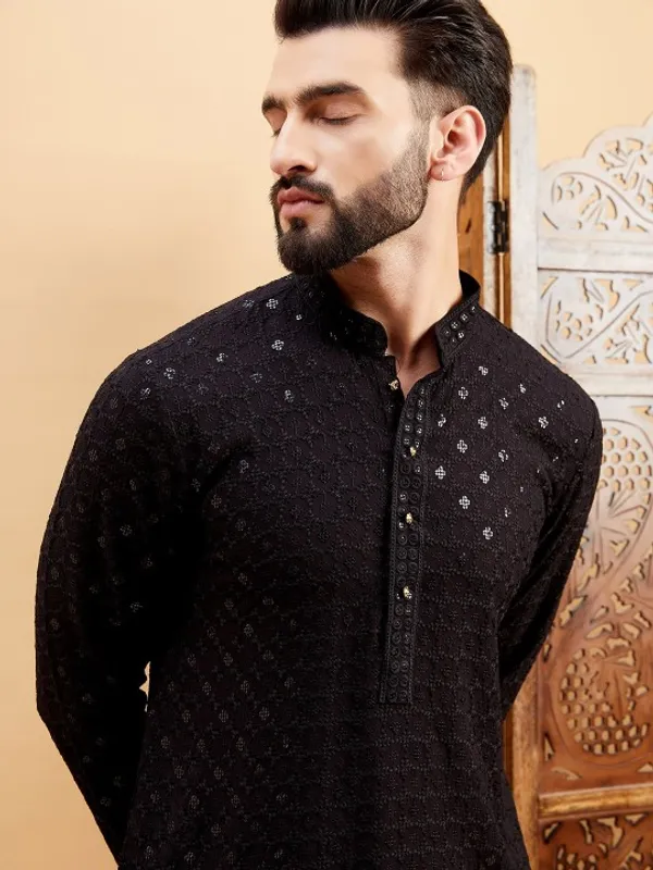 Black_Cotton_Mirror_Work_Embroidered_Kurta_Pajama_Set_For_Men