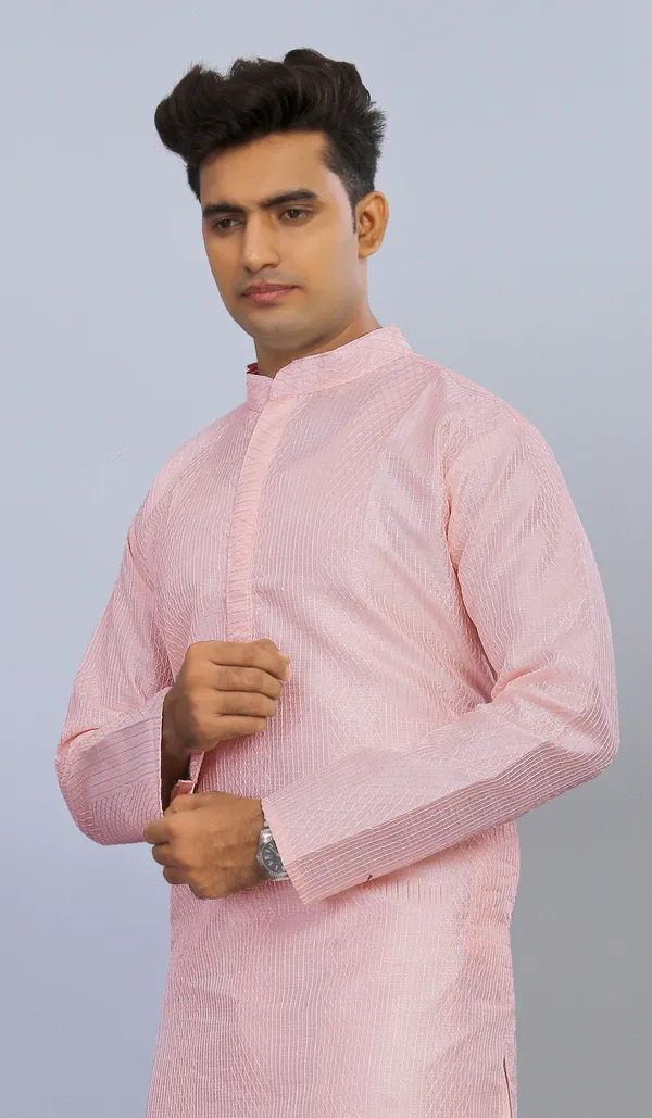 Pink_Cotton_Blend_Textured_Mandarin_Collar_Kurta_For_Men