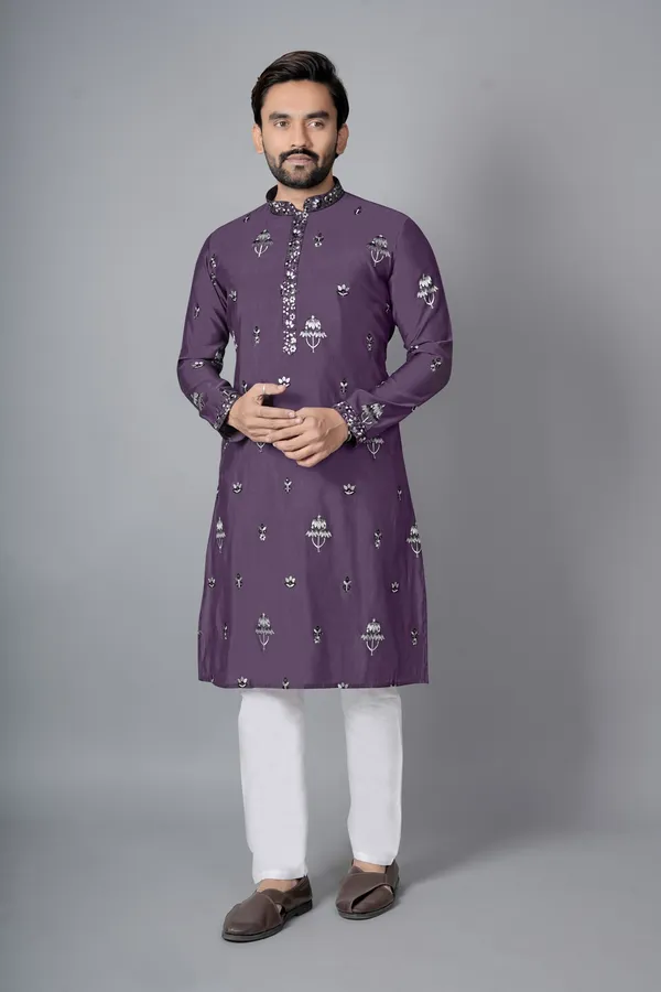 Purple_Cotton_Embellished_Straight_Kurta_Pajama_Set_For_Men