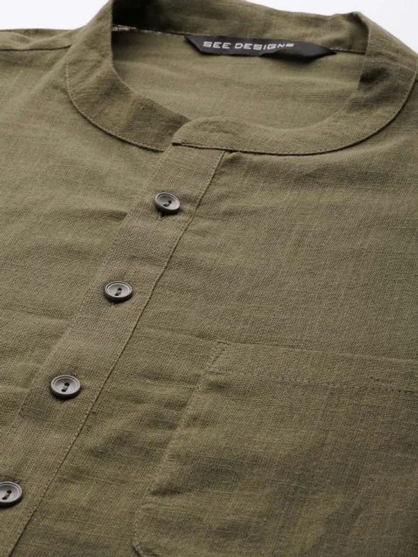 Olive_Green_Cotton_Mandarin_Collar_Kurta_For_Men