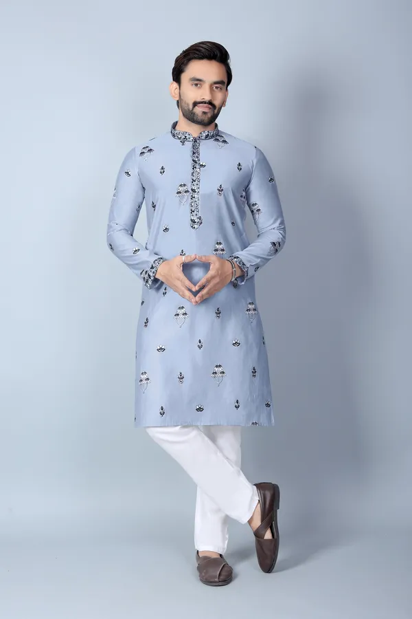 Grey_Cotton_Embroidered_Straight_Fit_Kurta_Pajama_Set_For_Men