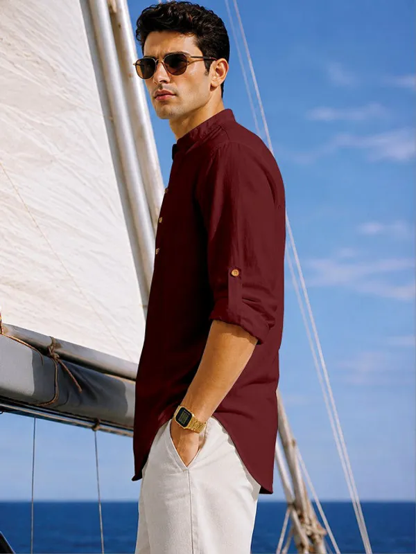 Maroon_Cotton_Mandarin_Collar_Kurta_For_Men