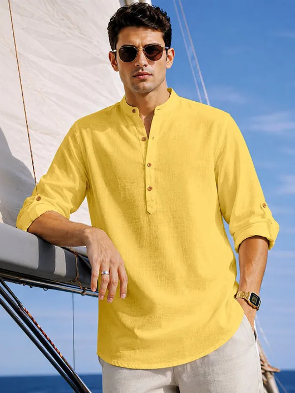 Yellow_Linen_Mandarin_Collar_Long_Sleeve_Shirt_For_Men