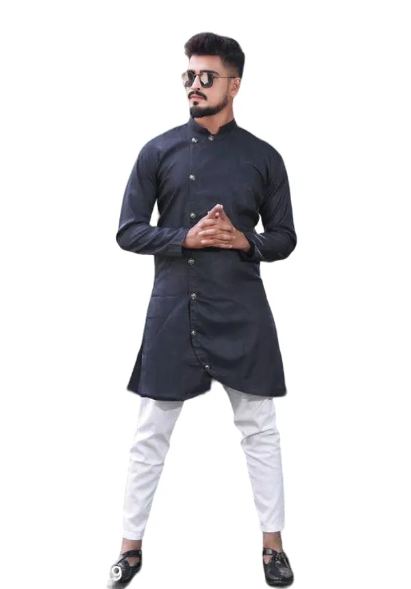 Black_Cotton_Mandarin_Collar_Kurta_For_Men