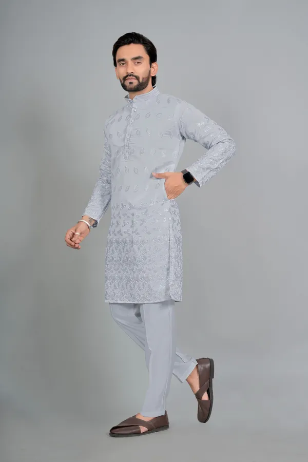 Light_Blue_Cotton_Blend_Embroidered_Kurta_Pajama_Set_For_Men