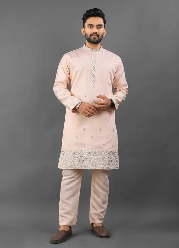 Peach_Cotton_Regular_Embroidered_Kurta_Pajama_Set_For_Men