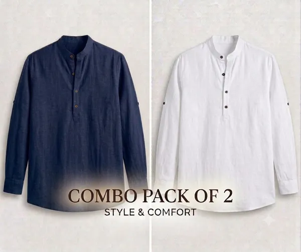 White_&_NavyBlue_Linen_Mandarin_Collar_Full_Sleeve_Shirt_For_Men