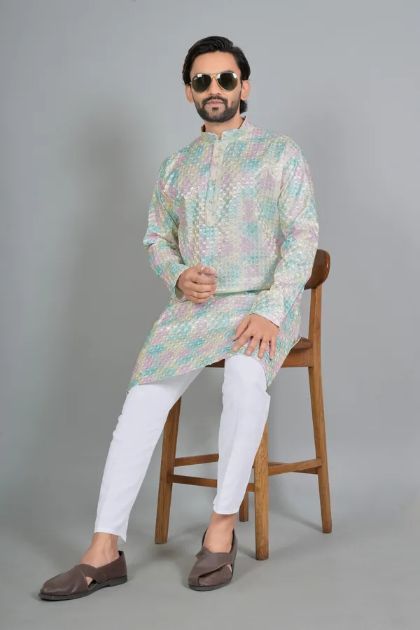 Pastel_Multicolor_Cotton_Textured_Long_Kurta_For_Men