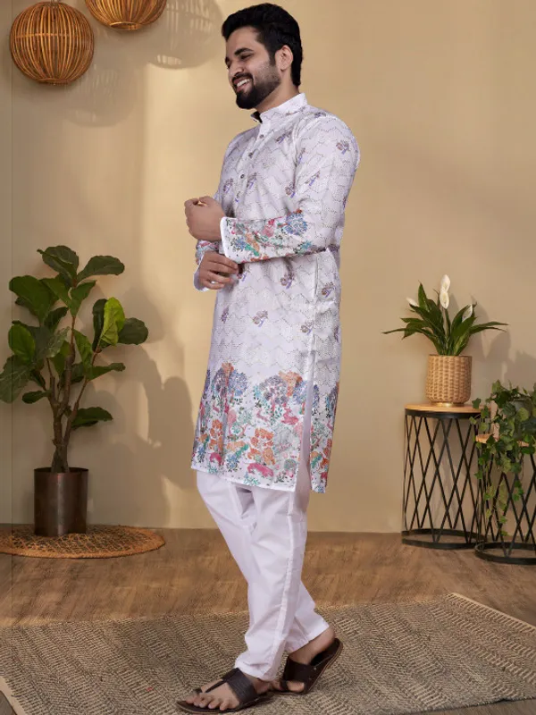 White_Cotton_Floral_Print_Long_Kurta_For_Men