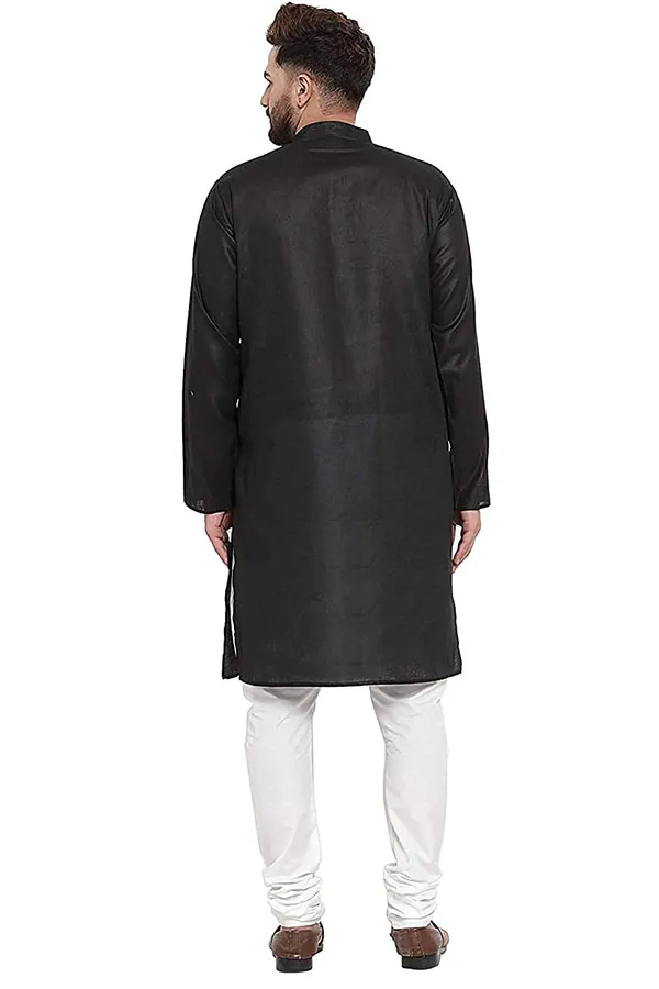 Black_Cotton_Mandarin_Collar_Kurta_Pajama_Set_For_Men