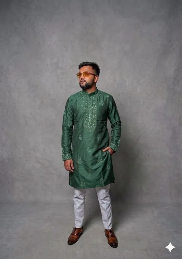 Green_Silk_Straight_Cut_Embroidered_Kurta_Pajama_Set_For_Men