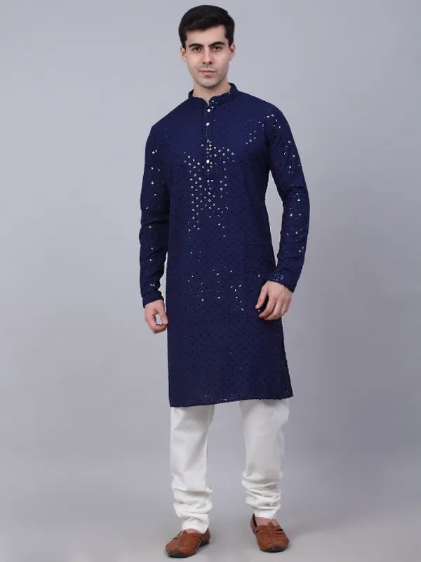 Navy_Blue_Cotton_Sequin_Embellished_Kurta_For_Men