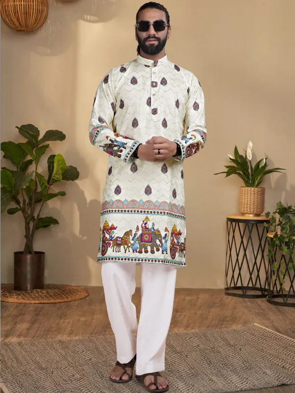 White_Printed_Cotton_Straight_Ethnic_Kurta_For_Men
