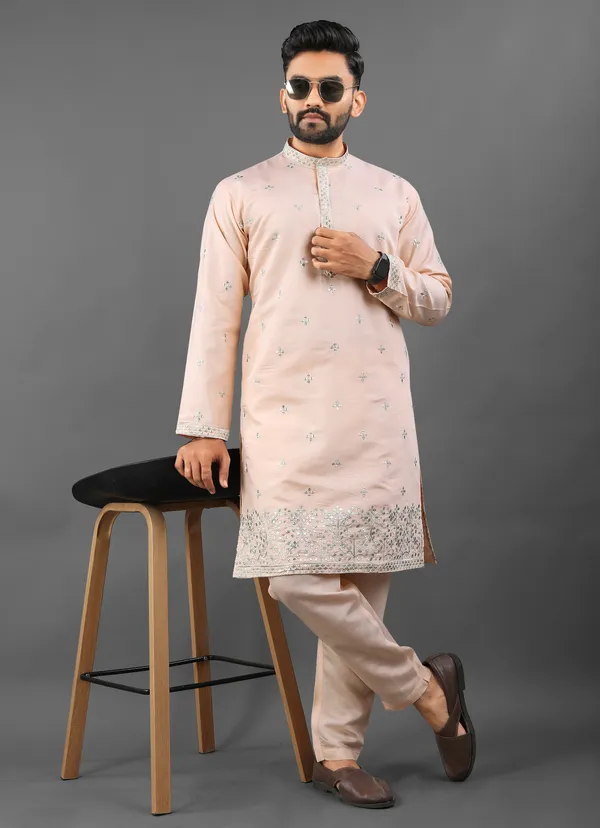 Peach_Cotton_Regular_Embroidered_Kurta_Pajama_Set_For_Men