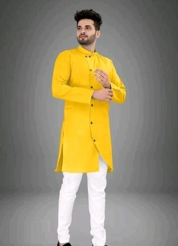 Yellow_Cotton_Full_Sleeve_Mandarin_Collar_Kurta_For_Men