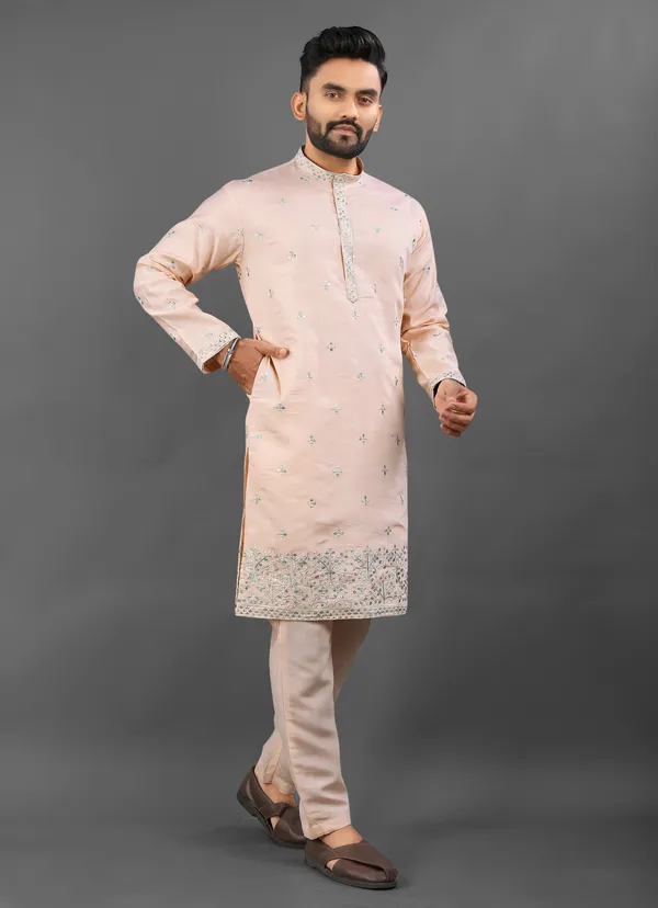Peach_Cotton_Regular_Embroidered_Kurta_Pajama_Set_For_Men