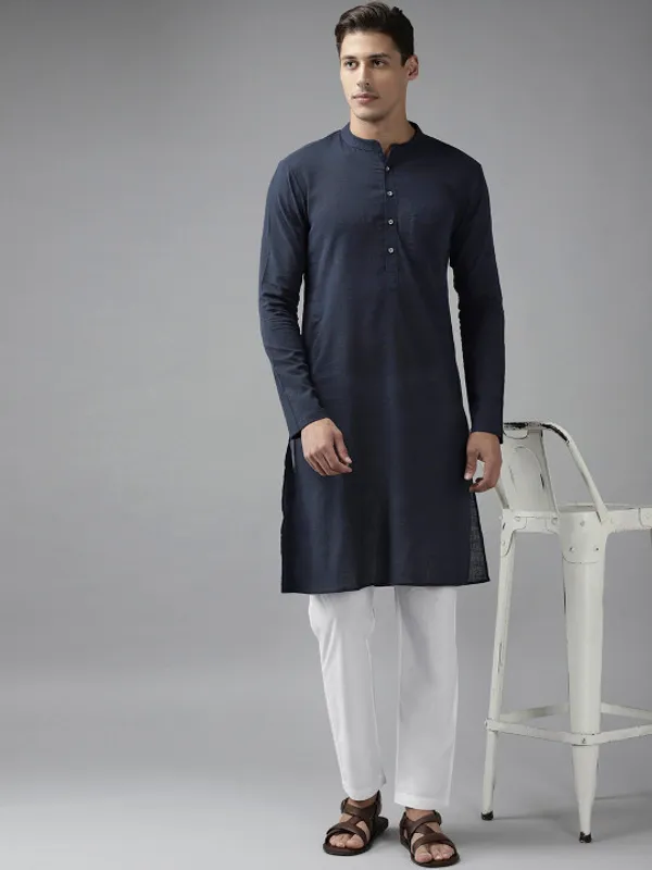 Navy_Blue_Cotton_Blend_Kurta_Pajama_Set_For_Men