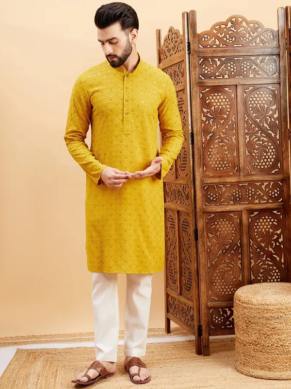 Yellow_Embroidered_Rayon_Straight_Kurta_Set_For_Men