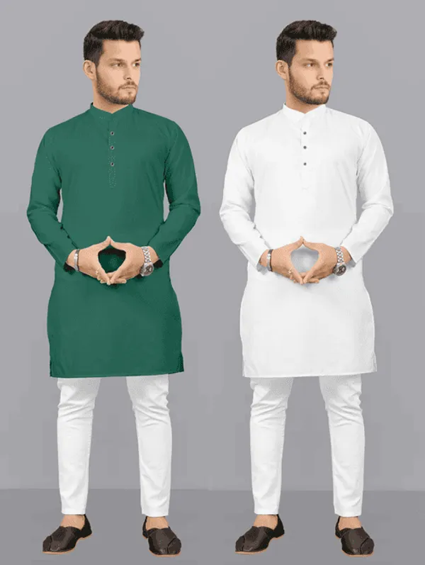 White_&_Bottelgreen_Cotton_Kurta_For_Men_(Combo_of_2)
