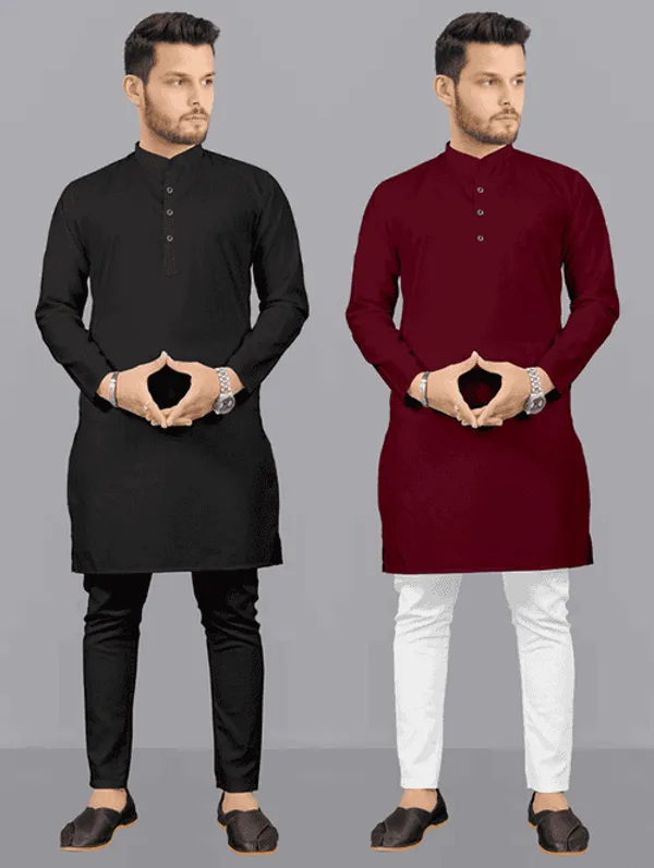 Black_&_Marooon_Cotton_Straight_Fit_Mandarin_Collar_Kurta_For_Men_(Combo_of_2)