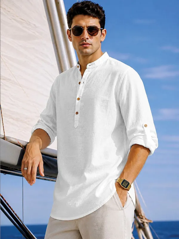 Maroon_&_White_Cotton_Regular_Fit_Mandarin_Collar_Shirt_For_Men