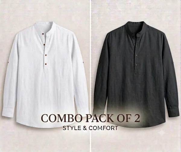 White_&_Black_Linen_Mandarin_Collar_Shirt_For_Men