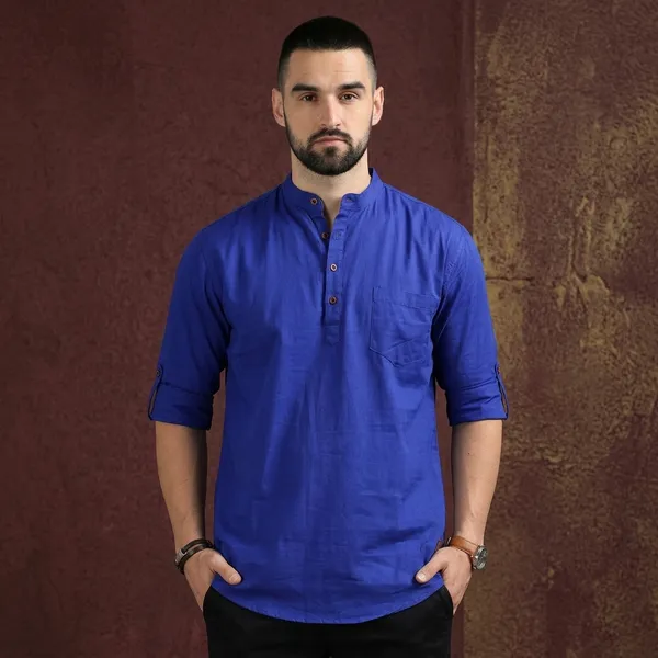 Royal_Blue_Cotton_Short_Kurta_For_Men