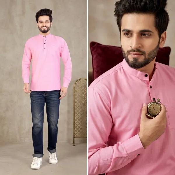 Pink_Cotton_Mandarin_Collar_Full_Sleeve_Kurta_For_Men