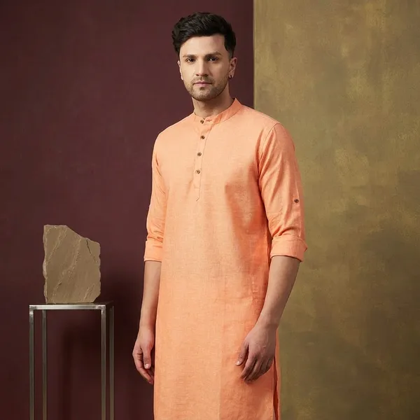 Peach_Linen_Mandarin_Collar_Short_Kurta_For_Men
