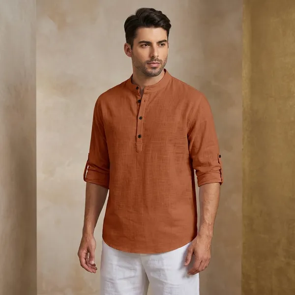 Orange_Cotton_Mandarin_Collar_Kurta_For_Men