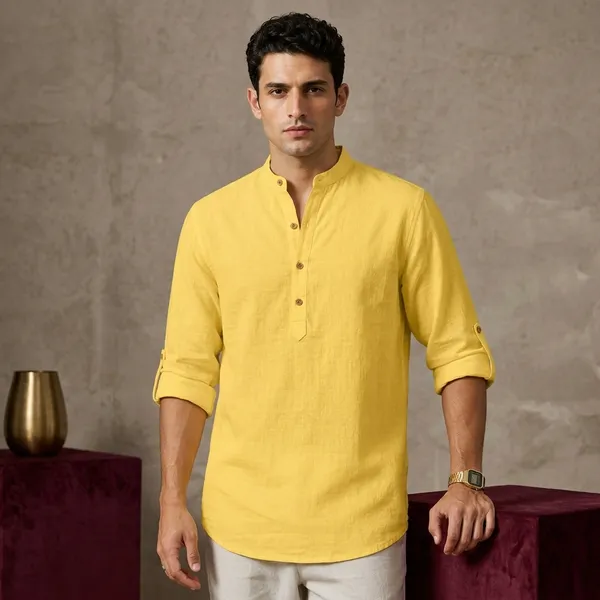 Yellow_Linen_Mandarin_Collar_Long_Sleeve_Shirt_For_Men