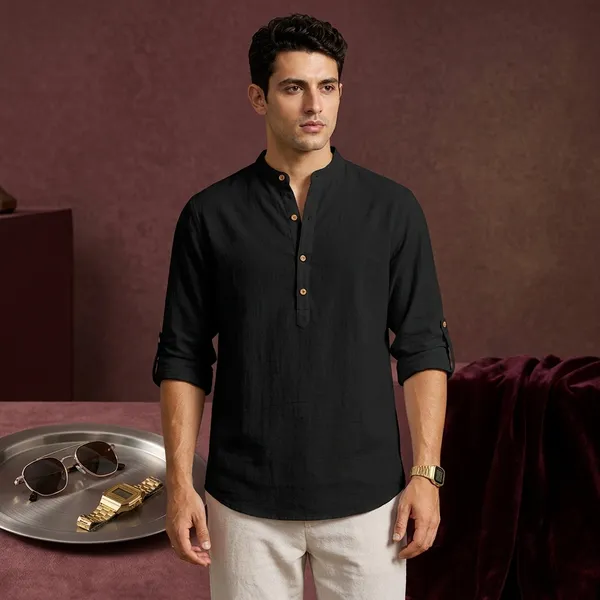 Black_Linen_Mandarin_Collar_Full_Sleeve_Shirt_For_Men