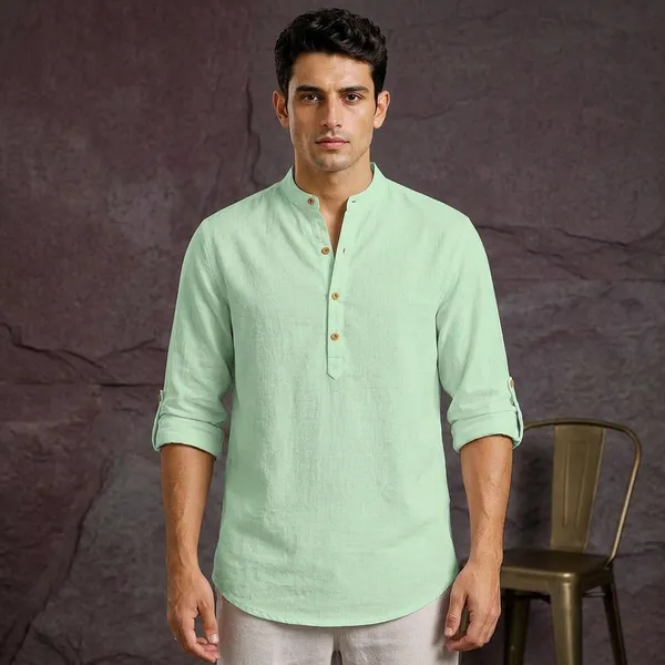 Mint_Green_Linen_Mandarin_Collar_Shirt_For_Men