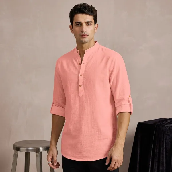 Pink_Linen_Mandarin_Collar_Shirt_For_Men