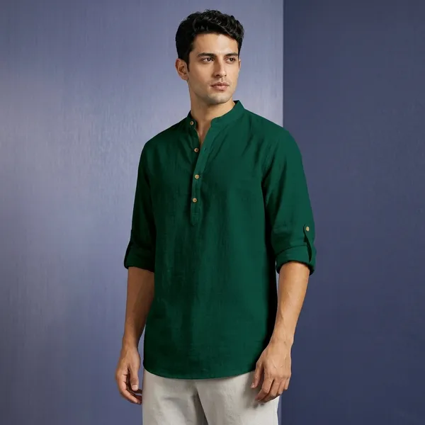 Bottle_Green_Cotton_Relaxed_Fit_Mandarin_Collar_Short_Kurta_For_Men