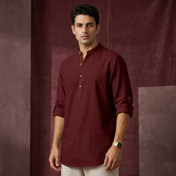 Maroon_Cotton_Mandarin_Collar_Kurta_For_Men