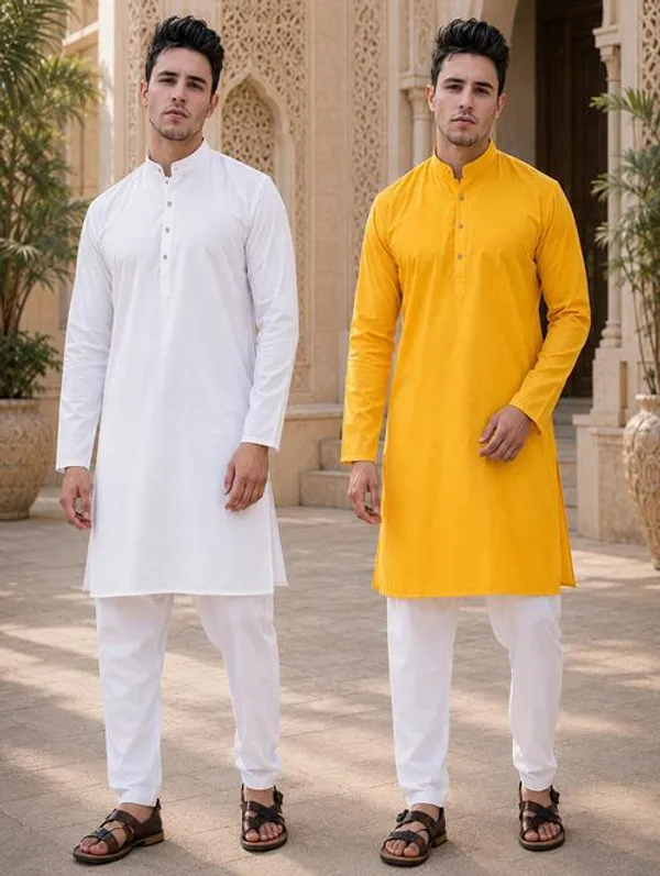 White_&_Yellow_Cotton_Kurta_For_Men_(Combo_of_2)