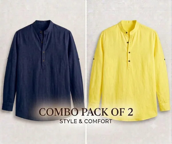 Navy_Blue_&_Yellow_Linen_Mandarin_Collar_Casual_Shirt_For_Men