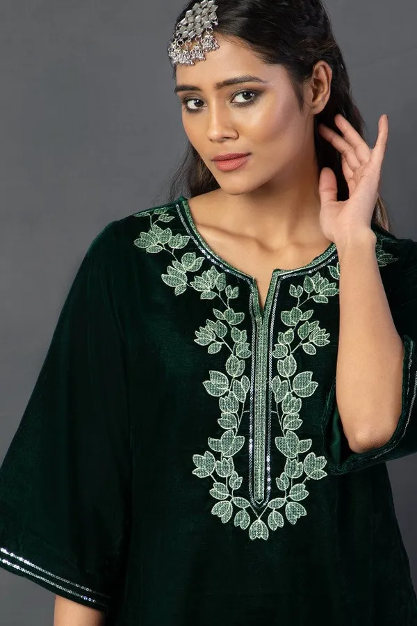 Dark_Green_Velvet_Embroidered_Kurta_Set_For_Women