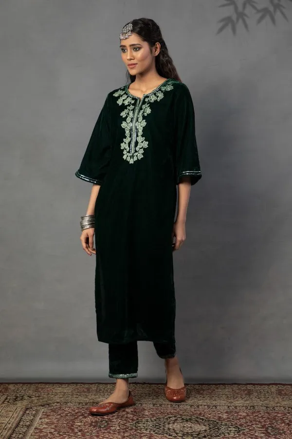 Dark_Green_Velvet_Embroidered_Kurta_Set_For_Women