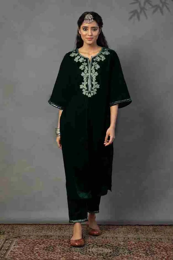 Dark_Green_Velvet_Embroidered_Kurta_Set_For_Women