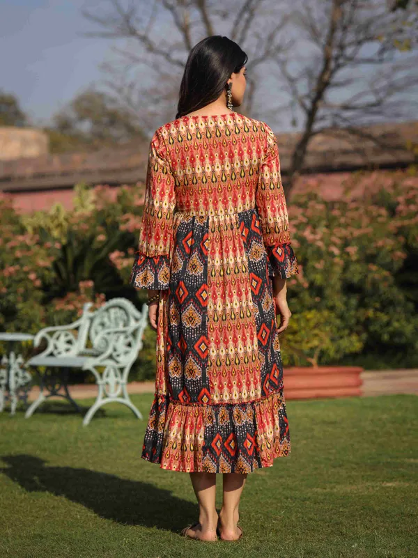 Rust_Cotton_Floral_Printed_Flared_Ethnic_Dress_For_Women