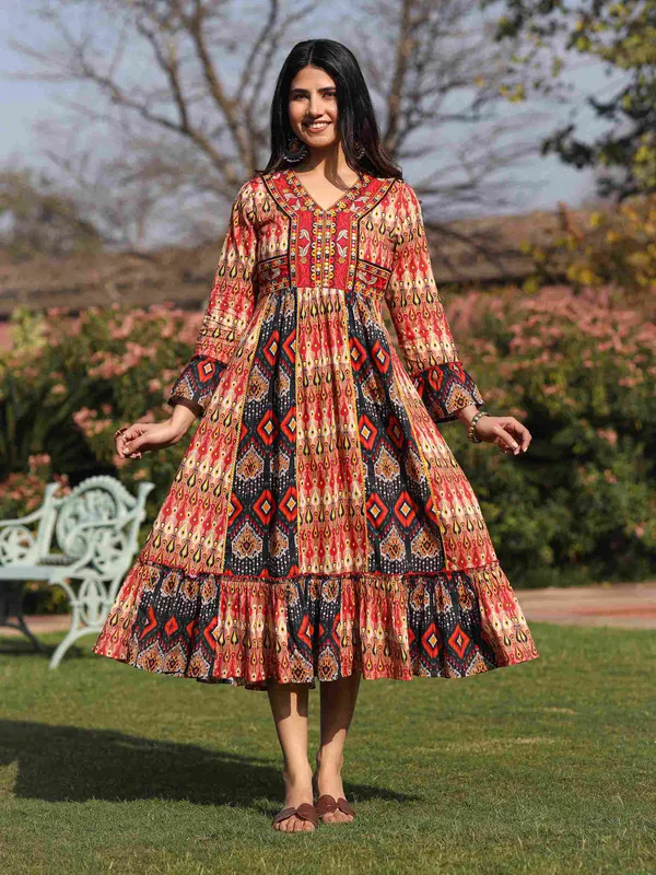 Rust_Cotton_Floral_Printed_Flared_Ethnic_Dress_For_Women