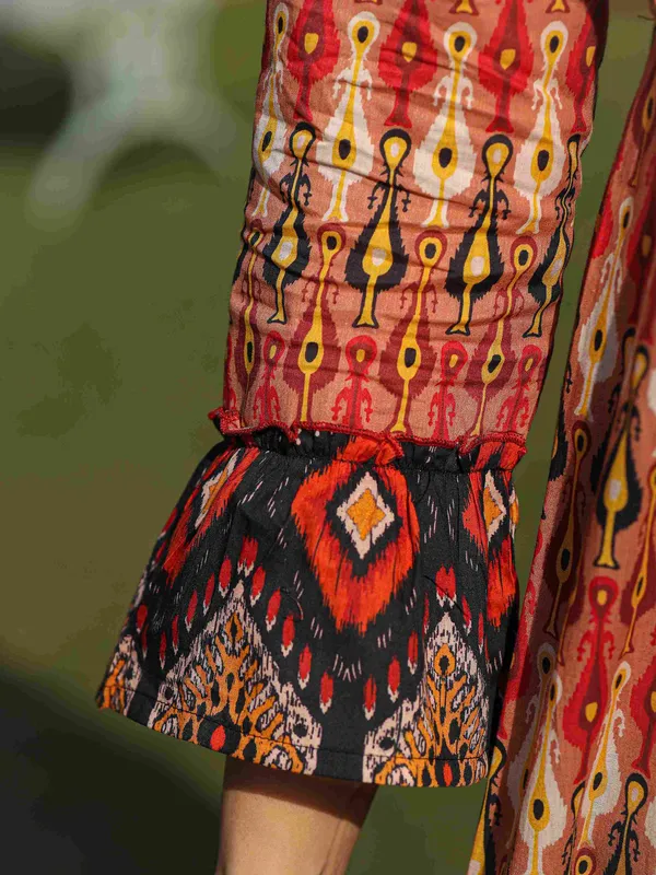 Rust_Cotton_Floral_Printed_Flared_Ethnic_Dress_For_Women