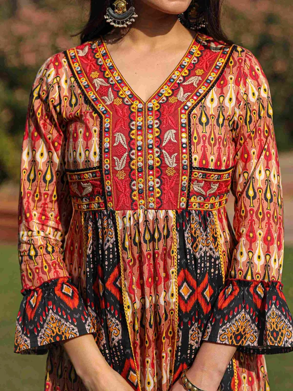 Rust_Cotton_Floral_Printed_Flared_Ethnic_Dress_For_Women