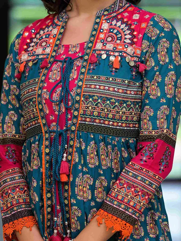 Teal_Cotton_Flared_Printed_Ethnic_Dress_Set_For_Women