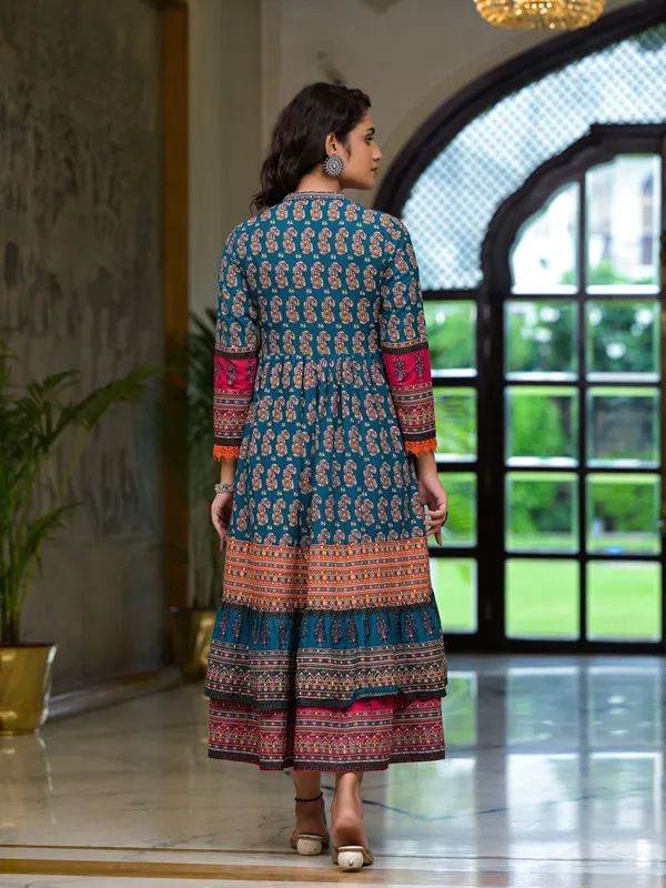 Teal_Cotton_Flared_Printed_Ethnic_Dress_Set_For_Women