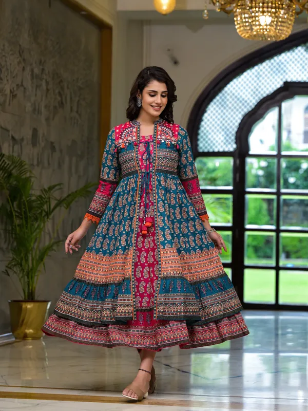 Teal_Cotton_Flared_Printed_Ethnic_Dress_Set_For_Women