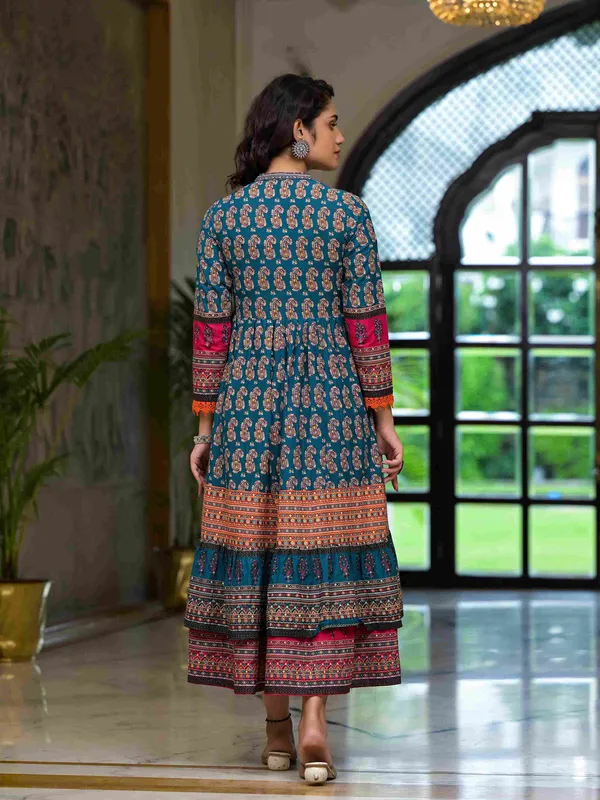 Teal_Cotton_Flared_Printed_Ethnic_Dress_Set_For_Women